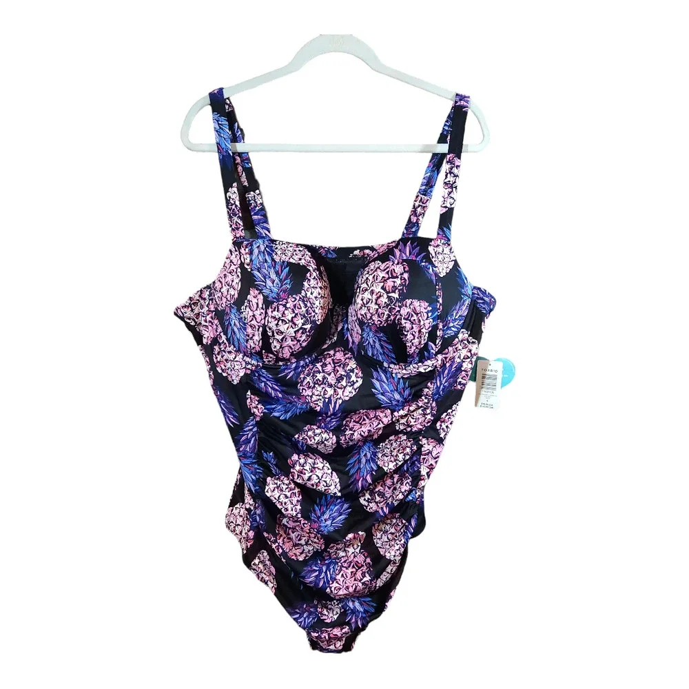 torrid Black One-Piece Swim with Purple Pineapple Print